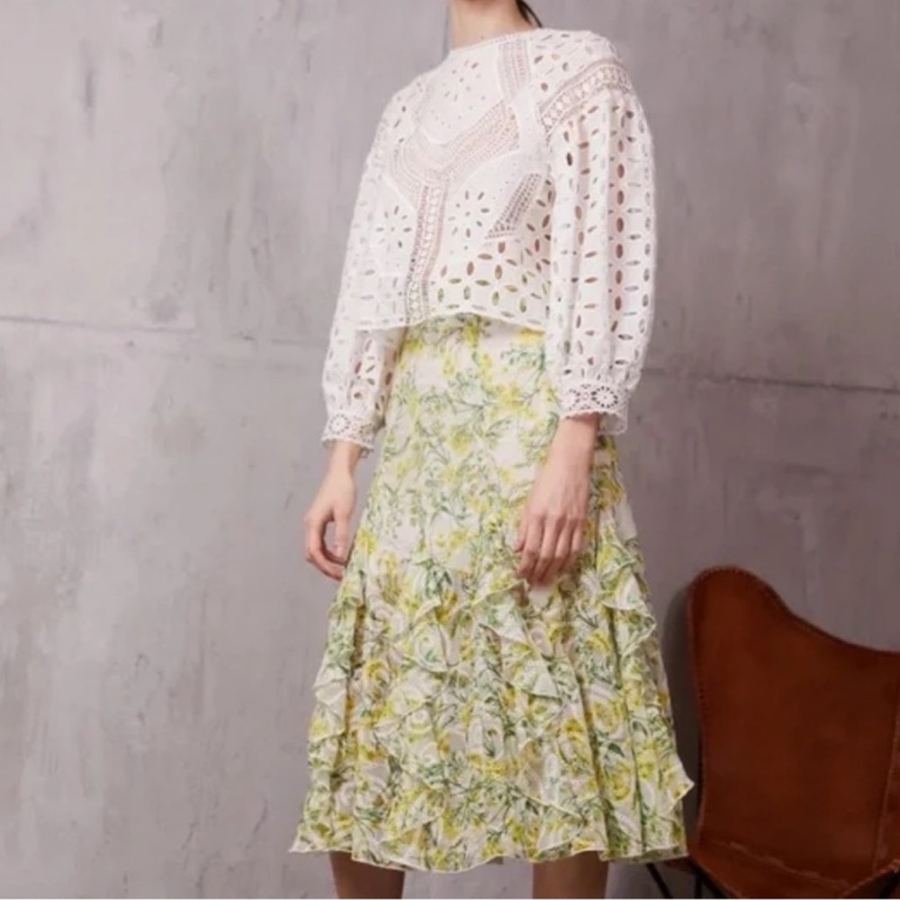 Alice + Olivia Jocelyn Godet Midi Skirt in Sun Ditsy off White Size 12 - Picture 6 of 8